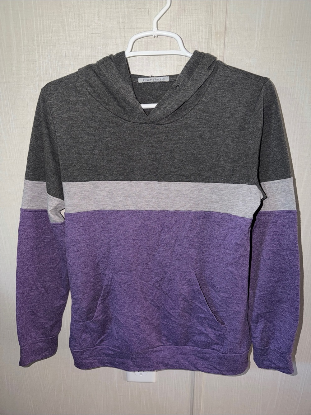 Colorblock Hooded Pullover Sweatshirt - Charcoal, Light Gray & Purple